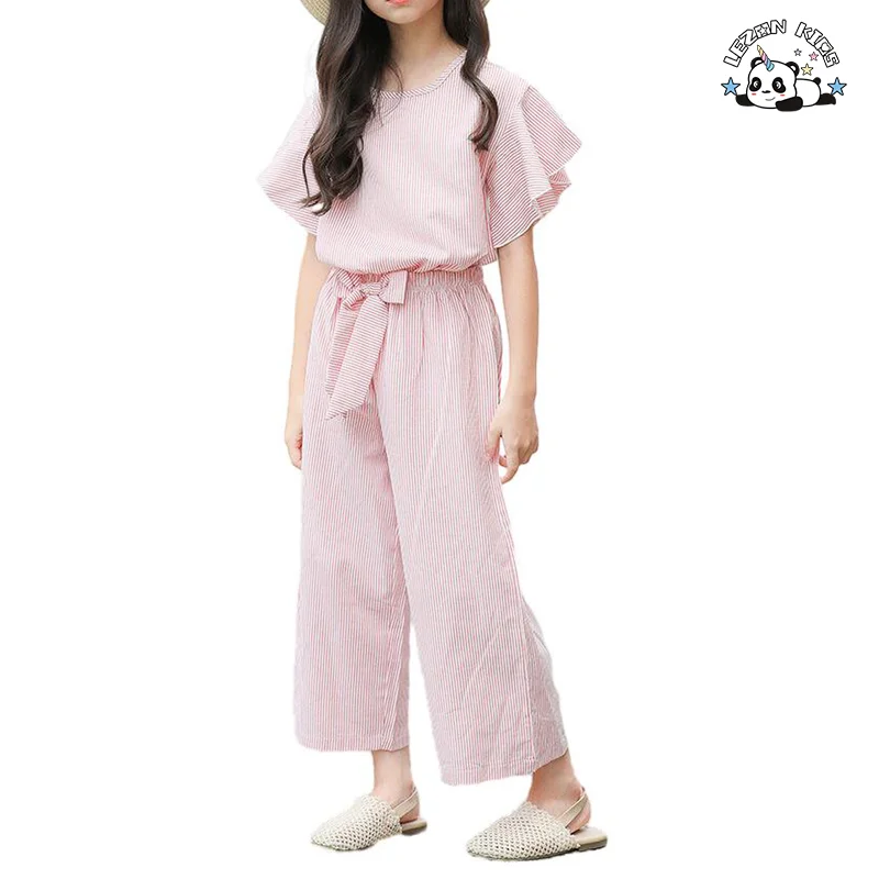 LEZONKIDS - Customizable OEM Leisure Casual Girls Outfit Ruffle T Shirt Wide Leg Pant Girls Clothing Sets